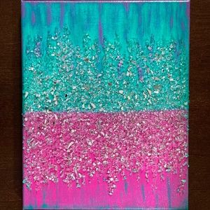 Embellished Pink Teal Acrylic Painting on Stretched Canvas